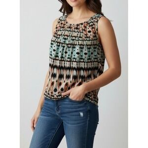 Chico's Size 2 Womens Sleeveless Scoop Neck Ikat Geometric Pleated Tank Top